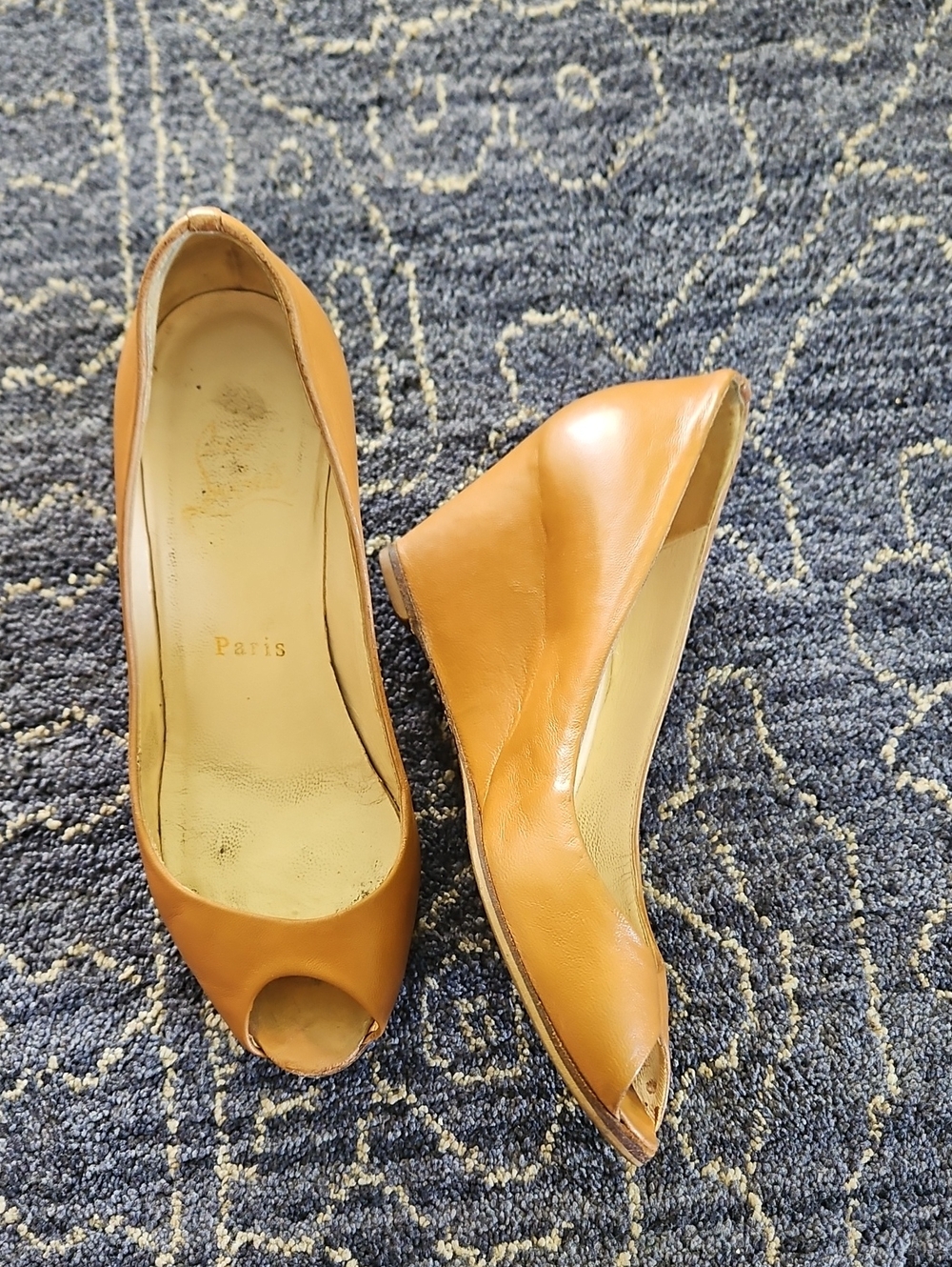 Christian Louboutin Tan Leather Peep-Toe Wedge Heels